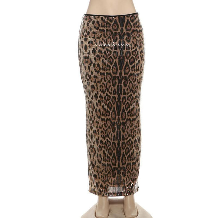 Leopard print glitter contrast maxi skirt  | Festival Outfits Women