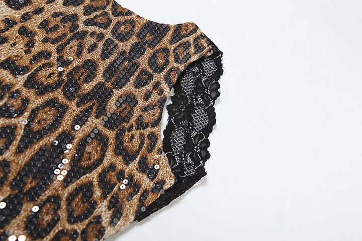 Glitter leopard print lace hem crewneck top  | Festival Outfits Women  | Cheetah Print Top