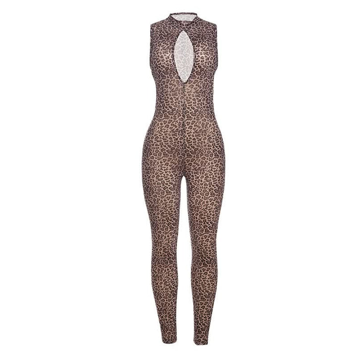Hollow out zip-up leopard print crewneck jumpsuit  | Festival Outfits Women