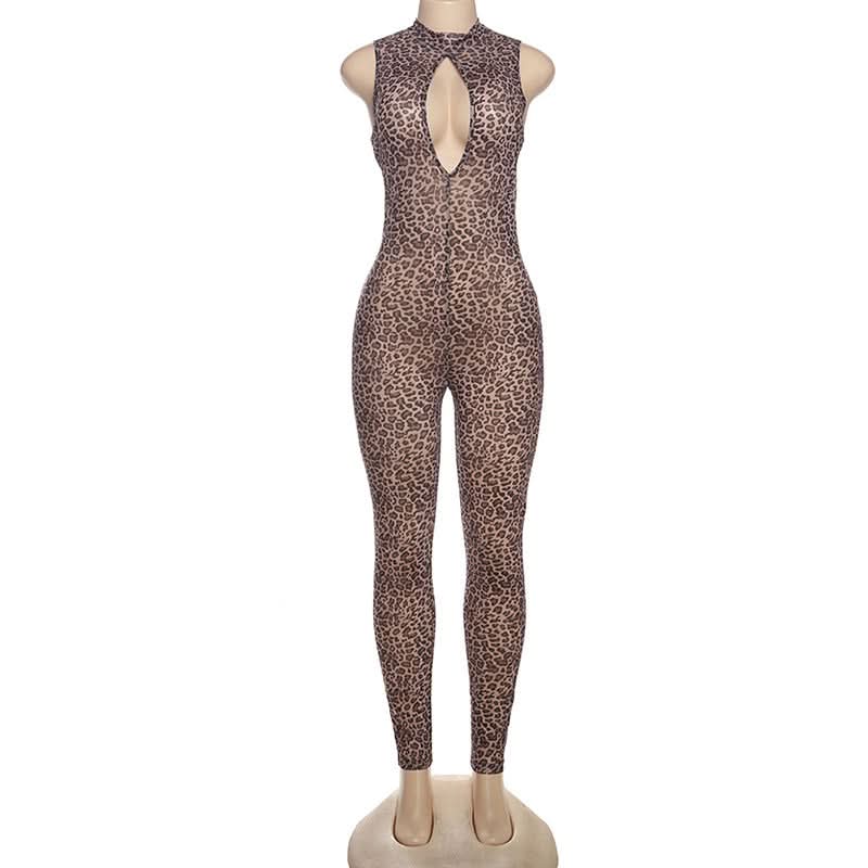 Hollow out zip-up leopard print crewneck jumpsuit  | Festival Outfits Women