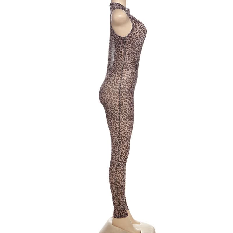 Hollow out zip-up leopard print crewneck jumpsuit  | Festival Outfits Women