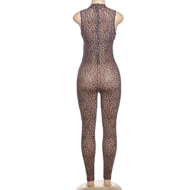 Hollow out zip-up leopard print crewneck jumpsuit  | Festival Outfits Women