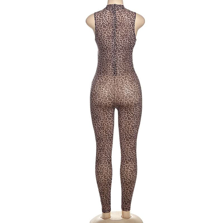Hollow out zip-up leopard print crewneck jumpsuit  | Festival Outfits Women