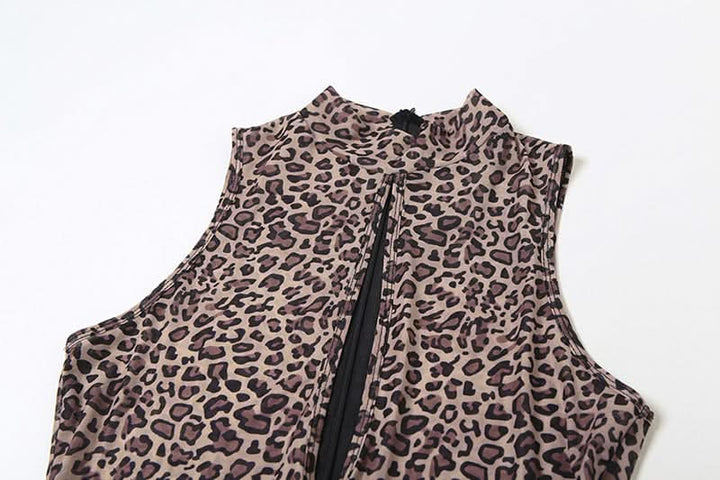 Hollow out zip-up leopard print crewneck jumpsuit  | Festival Outfits Women