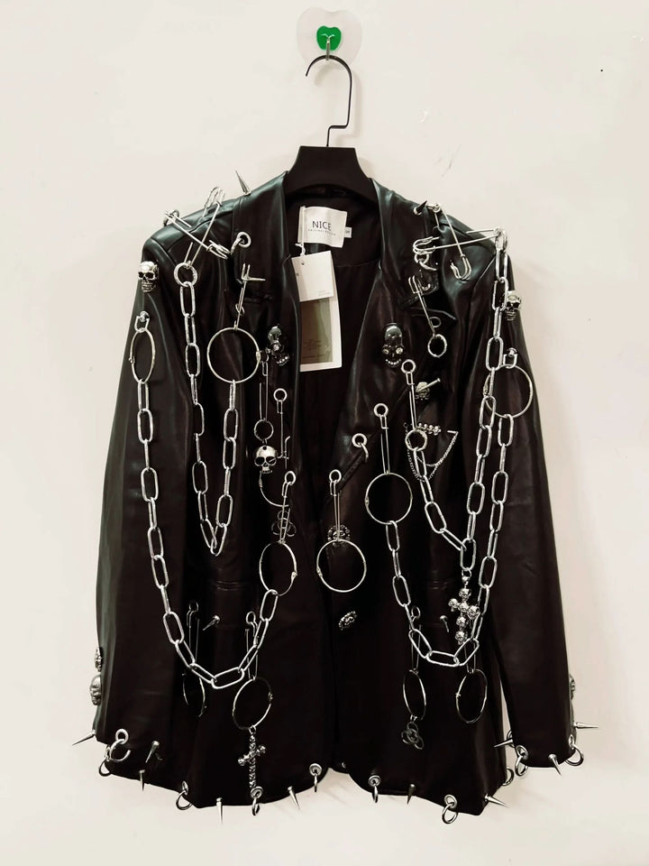 Long sleeve PU leather metal chain skull applique top  | Festival Outfits Women