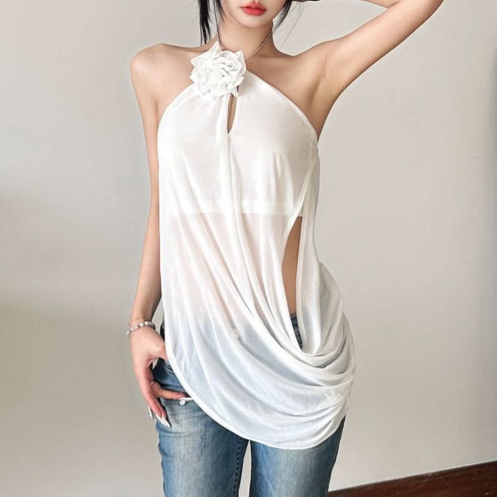 Halter hollow out flower applique irregular cut out top  | Festival Outfits Women