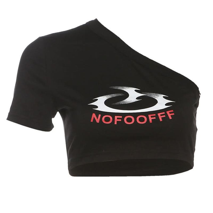 Short sleeve one shoulder letter pattern top  | Festival Outfits Women