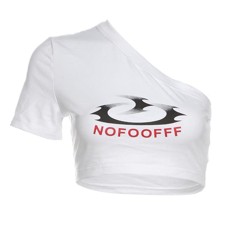 Short sleeve one shoulder letter pattern top  | Festival Outfits Women