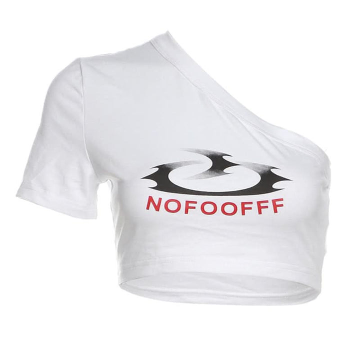 Short sleeve one shoulder letter pattern top  | Festival Outfits Women