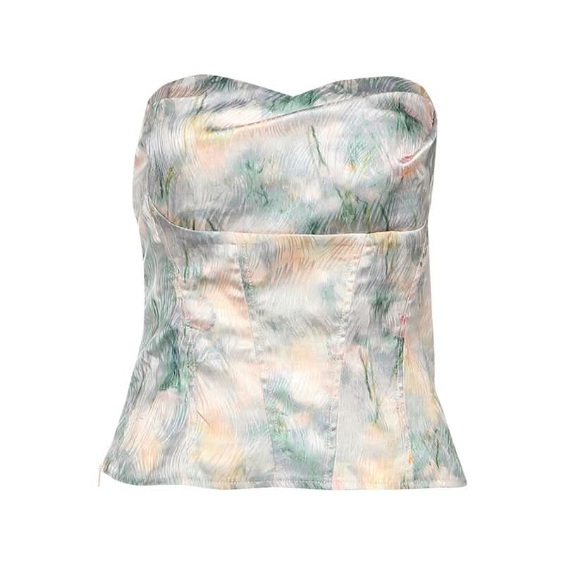 Print zip-up backless contrast tube top  | Festival Outfits Women