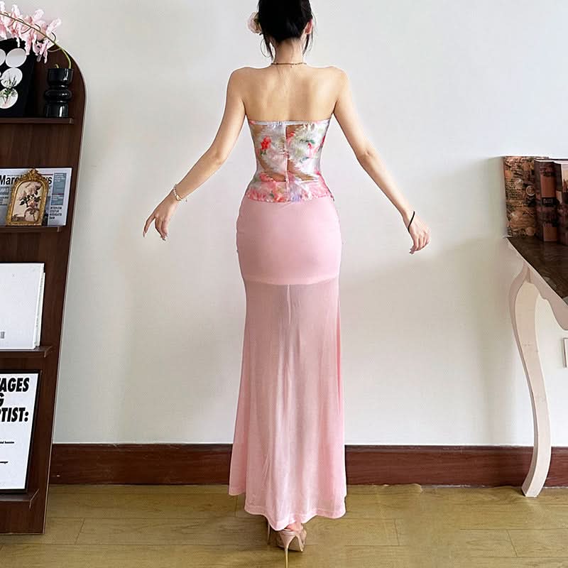 Print zip-up backless contrast tube top  | Festival Outfits Women