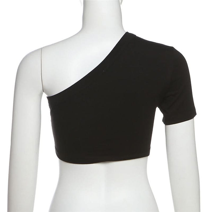 Short sleeve one shoulder letter pattern top  | Festival Outfits Women