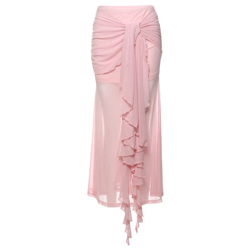 Ruched mesh ruffle irregular midi skirt  | Festival Outfits Women