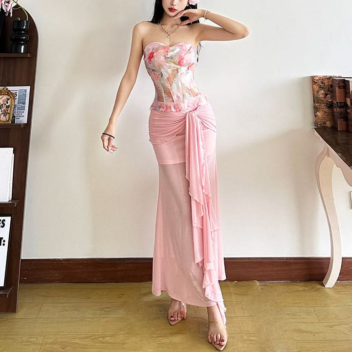 Ruched mesh ruffle irregular midi skirt  | Festival Outfits Women