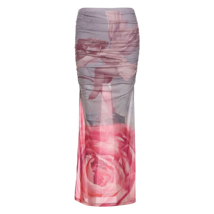 Ruched print contrast mesh slit maxi skirt  | Festival Outfits Women