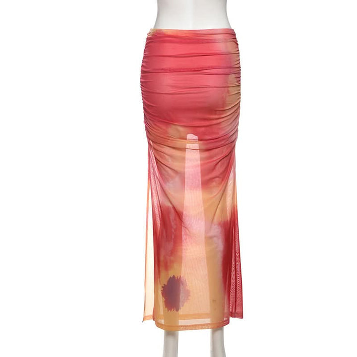 Ruched print contrast mesh slit maxi skirt  | Festival Outfits Women