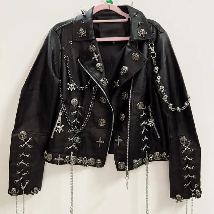 Long sleeve metal chain zip-up PU leather top  | Festival Outfits Women