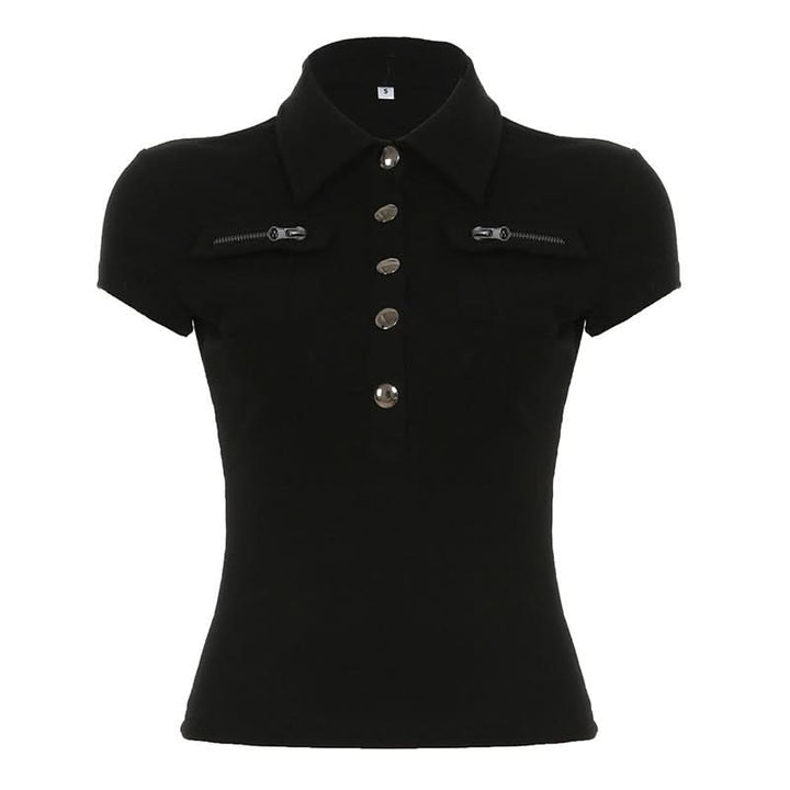 Turnover collar short sleeve button top  | Festival Outfits Women-final-sale