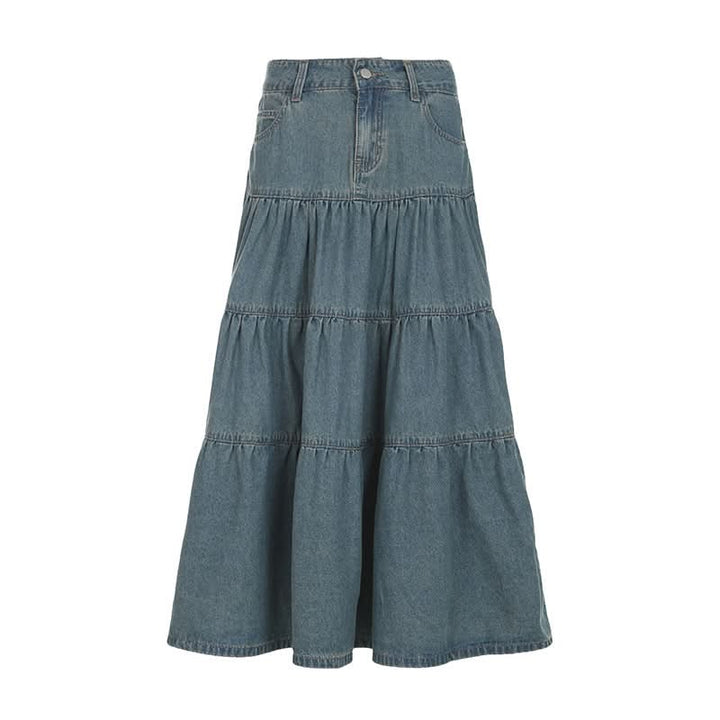 Ruched button pocket denim maxi skirt  | Festival Outfits Women