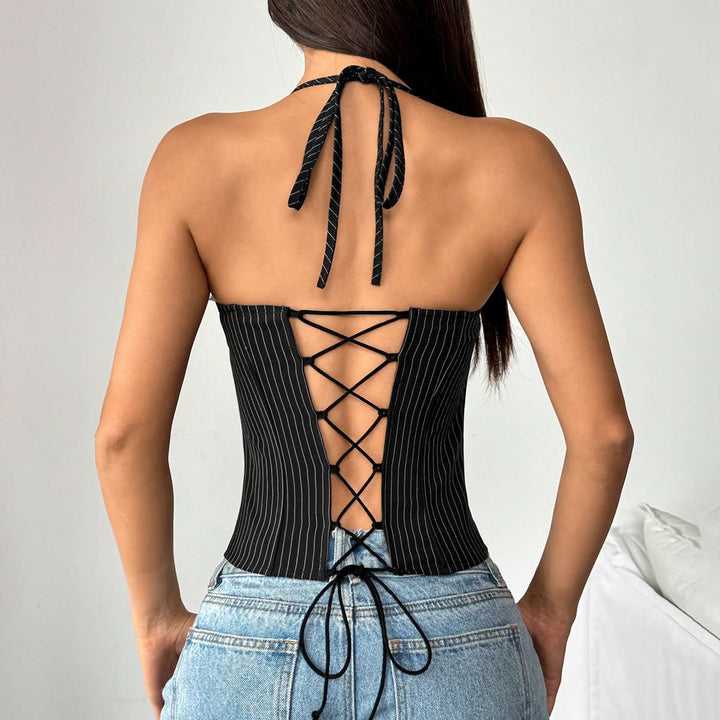 Striped print halter lace up corset top  | Festival Outfits Women