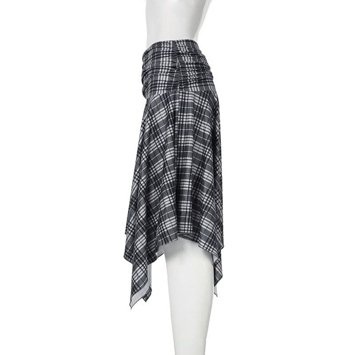 Plaid irregular ruched midi skirt  | Festival Outfits Women