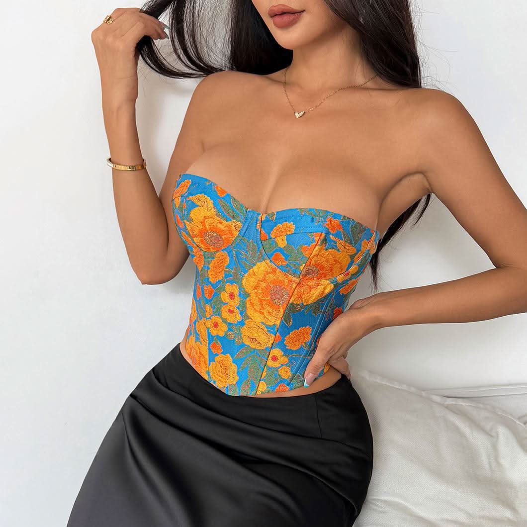 Flower print sweetheart corset lace up top  | Festival Outfits Women