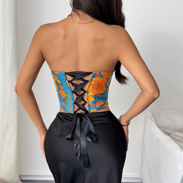 Flower print sweetheart corset lace up top  | Festival Outfits Women