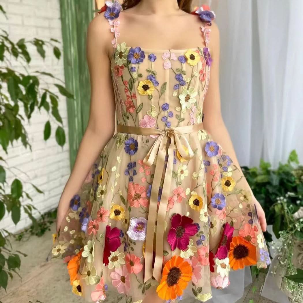 Embroidery flower applique cami mini dress  | Festival Outfits Women