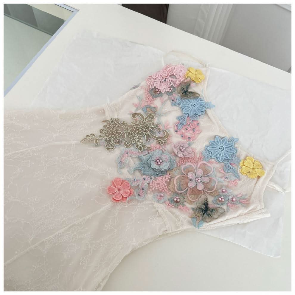 Flower embroidery u neck lace cami maxi dress  | Festival Outfits Women