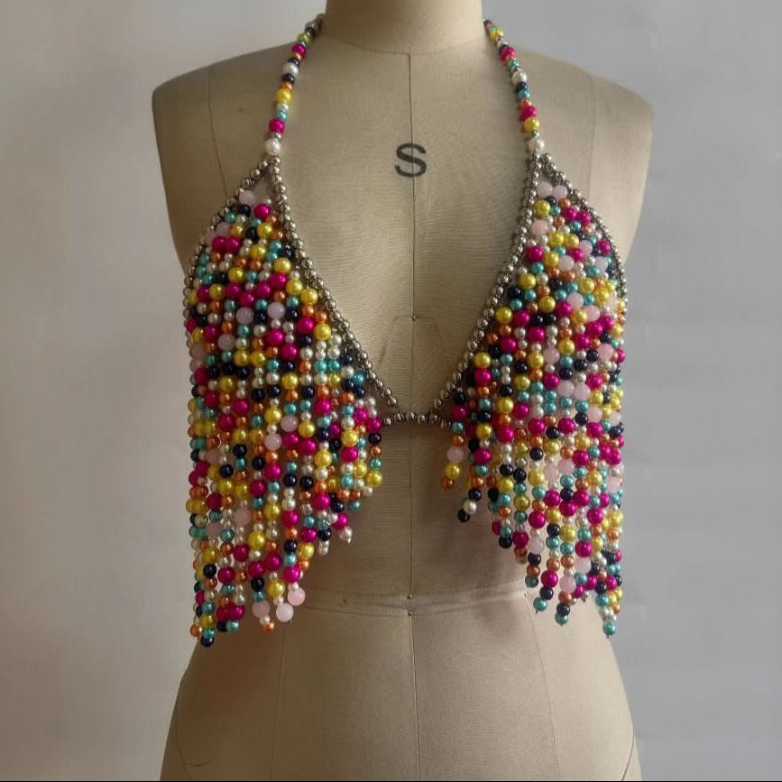V neck halter contrast beaded backless crop top  | Festival Outfits Women