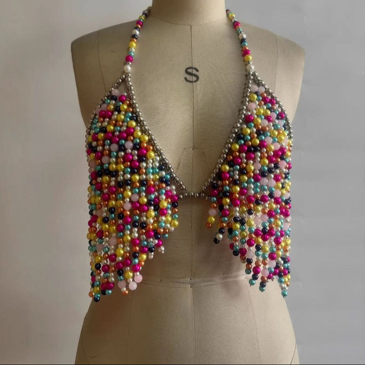 V neck halter contrast beaded backless crop top  | Festival Outfits Women