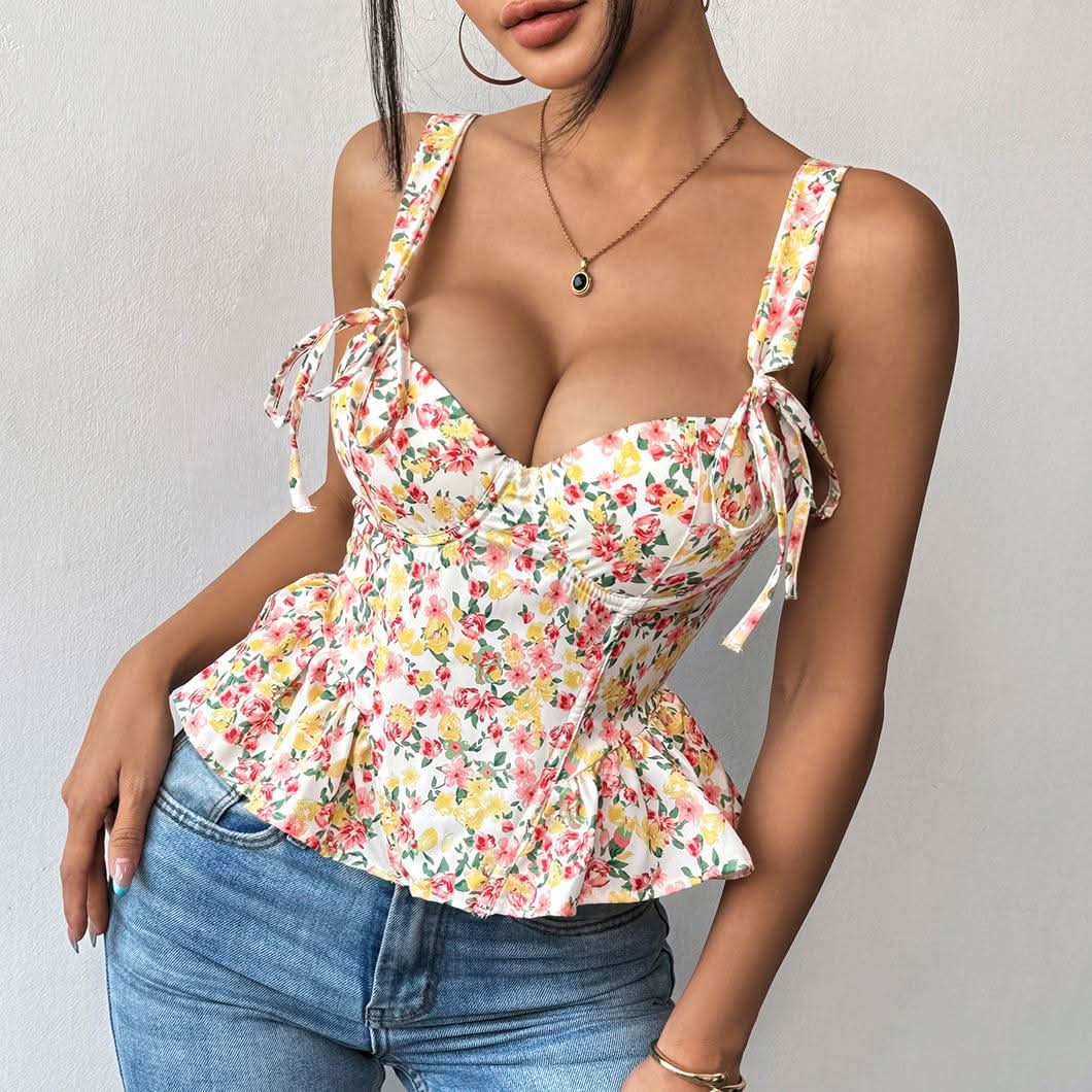 Ruffle flower print lace up cami top  | Festival Outfits Women
