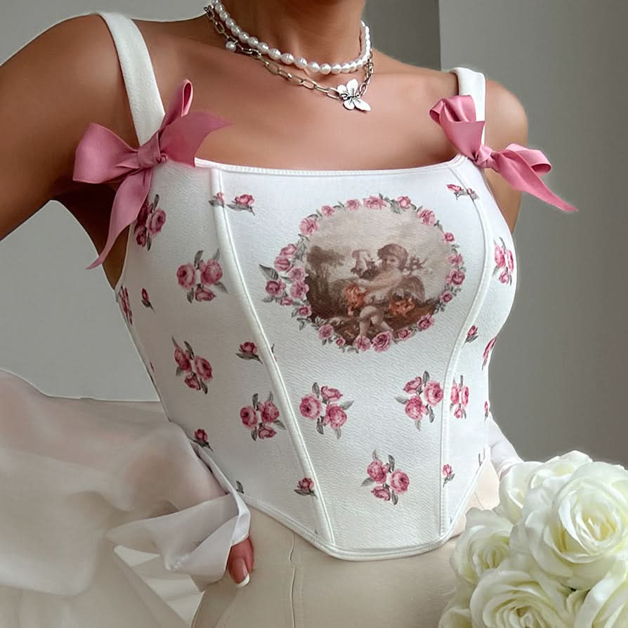 Flower print corset bowknot lace up cami top  | Festival Outfits Women