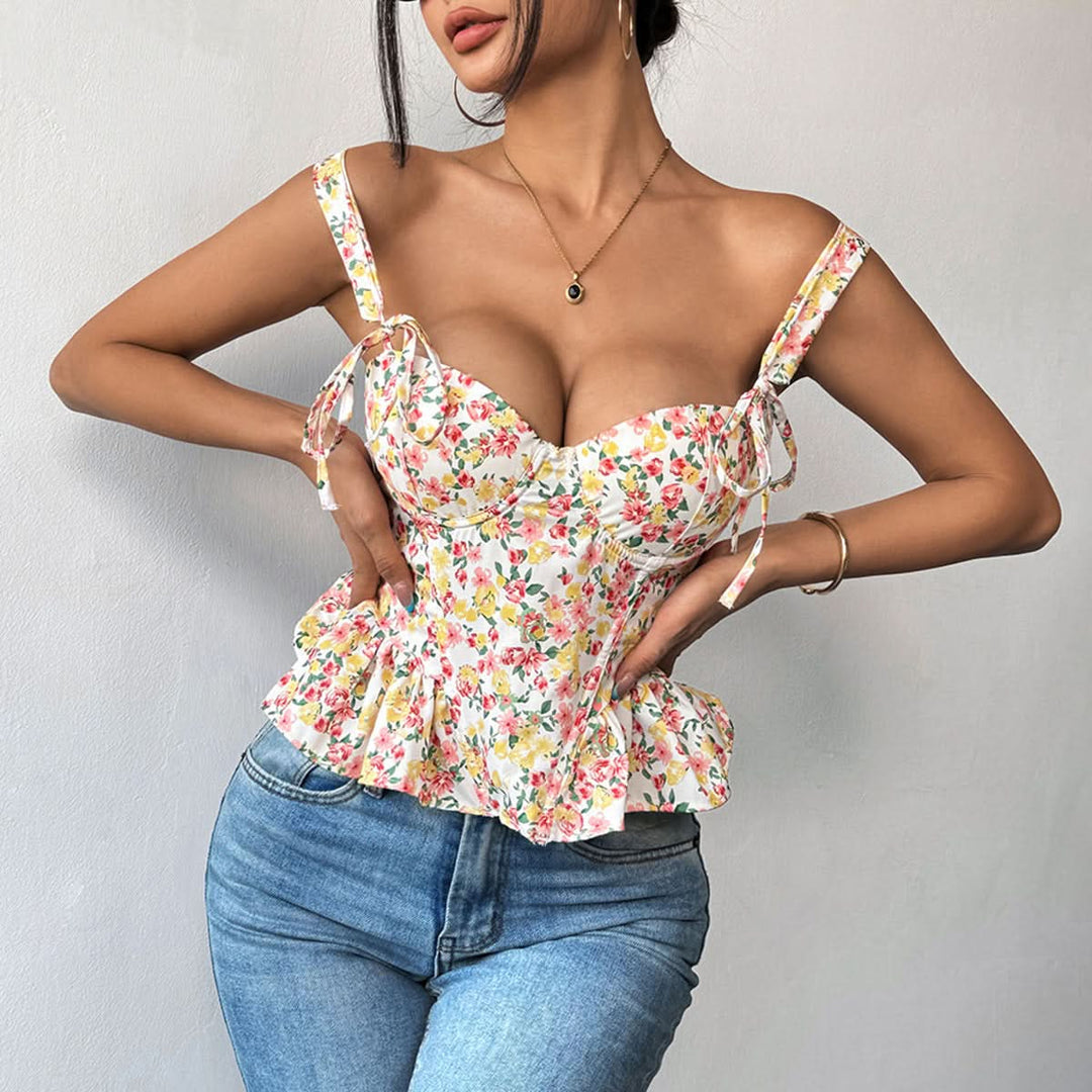 Ruffle flower print lace up cami top  | Festival Outfits Women