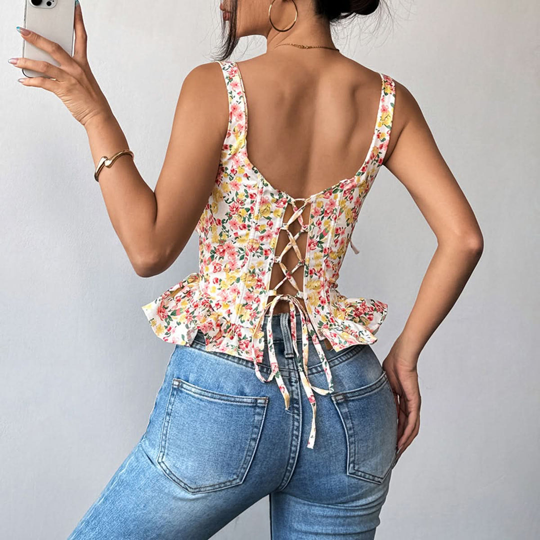 Ruffle flower print lace up cami top  | Festival Outfits Women