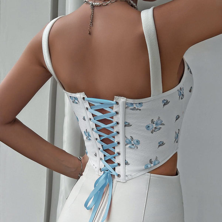 Flower print corset bowknot lace up cami top  | Festival Outfits Women