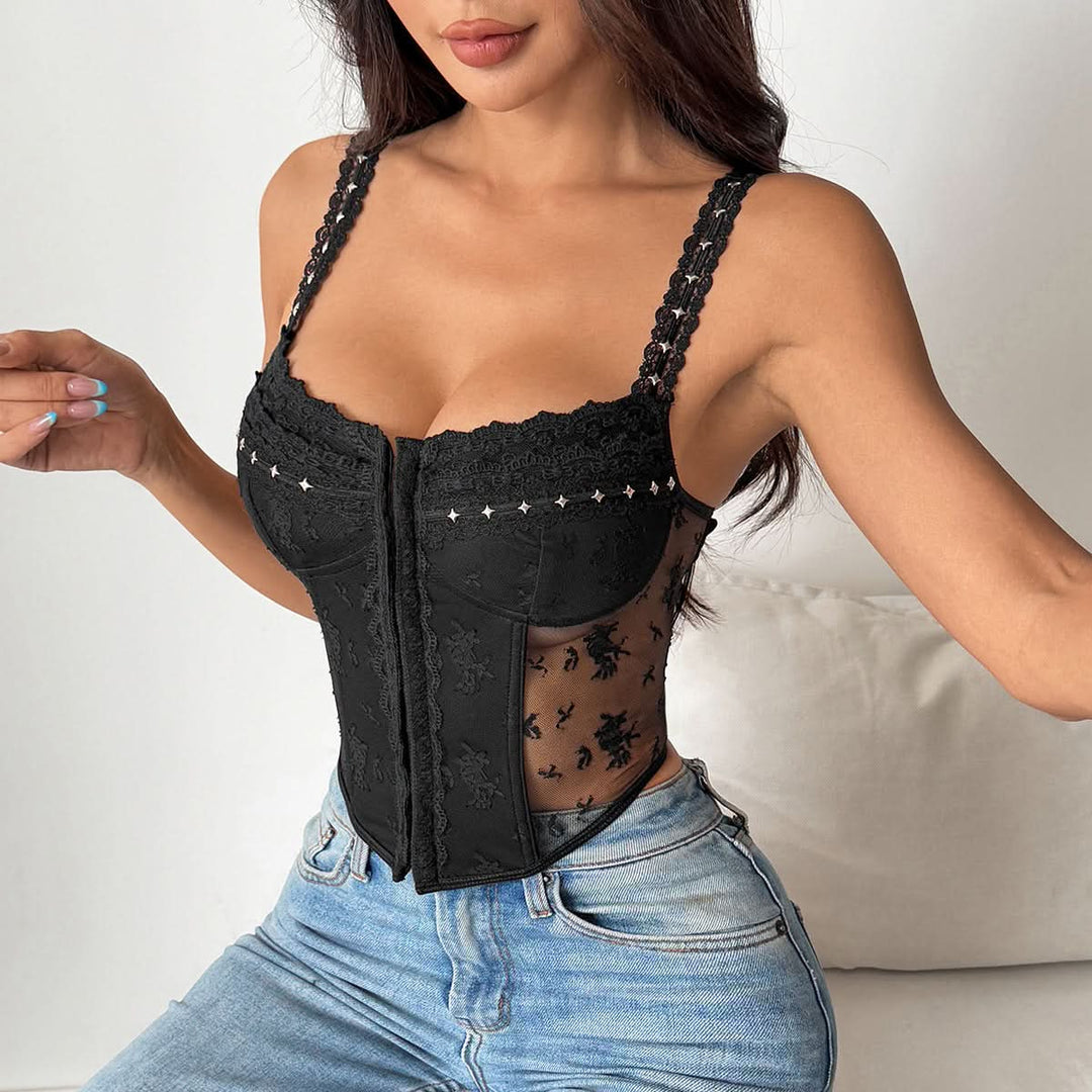 Lace hem u neck button backless cami top  | Festival Outfits Women