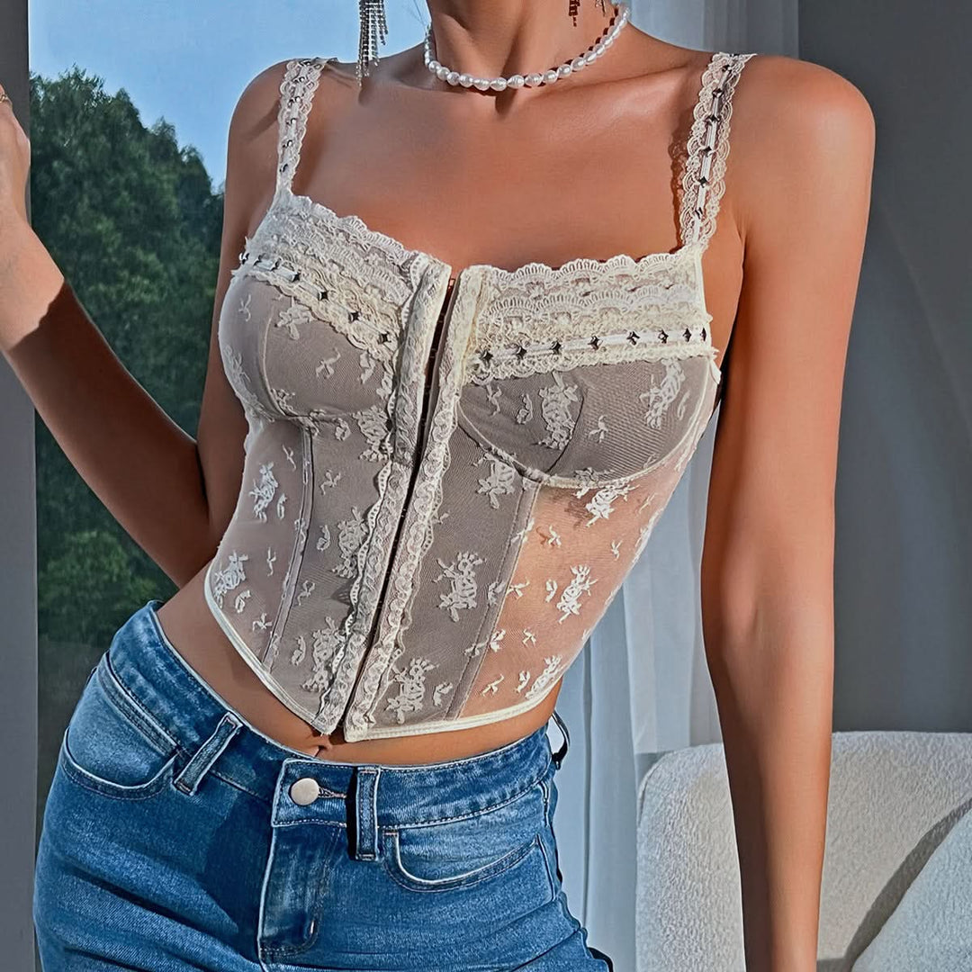 Lace hem u neck button backless cami top  | Festival Outfits Women