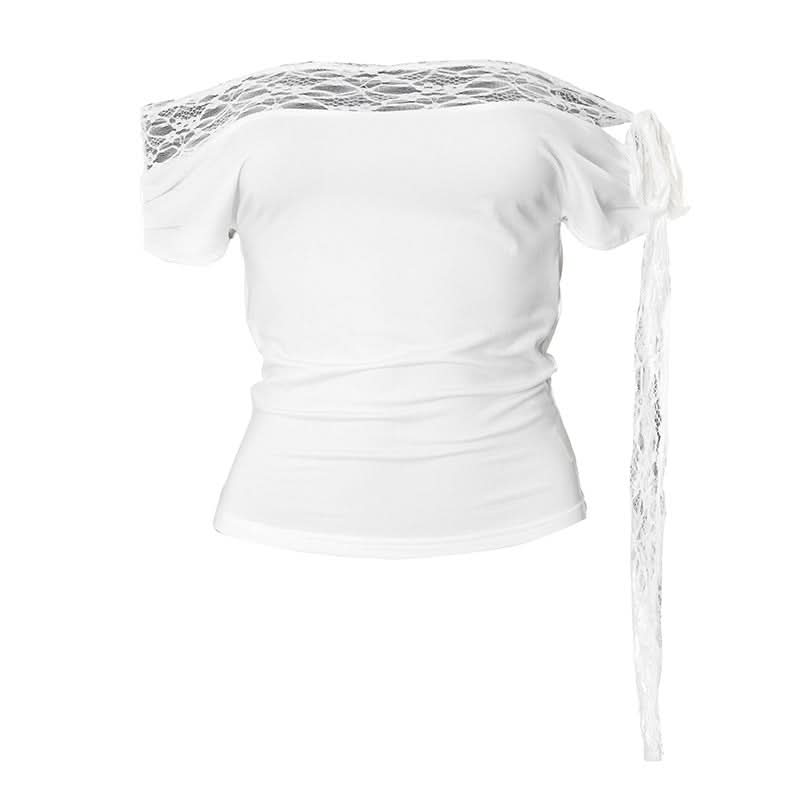 Off shoulder lace hem self tie irregular top  | Festival Outfits Women
