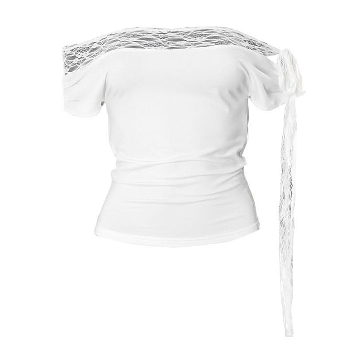 Off shoulder lace hem self tie irregular top  | Festival Outfits Women