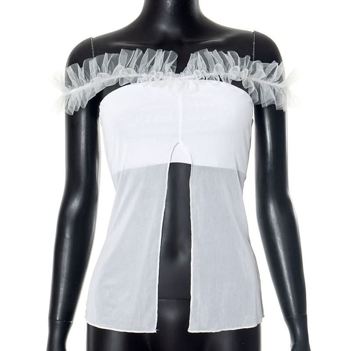 White mesh slit ruffle off shoulder top  | Festival Outfits Women
