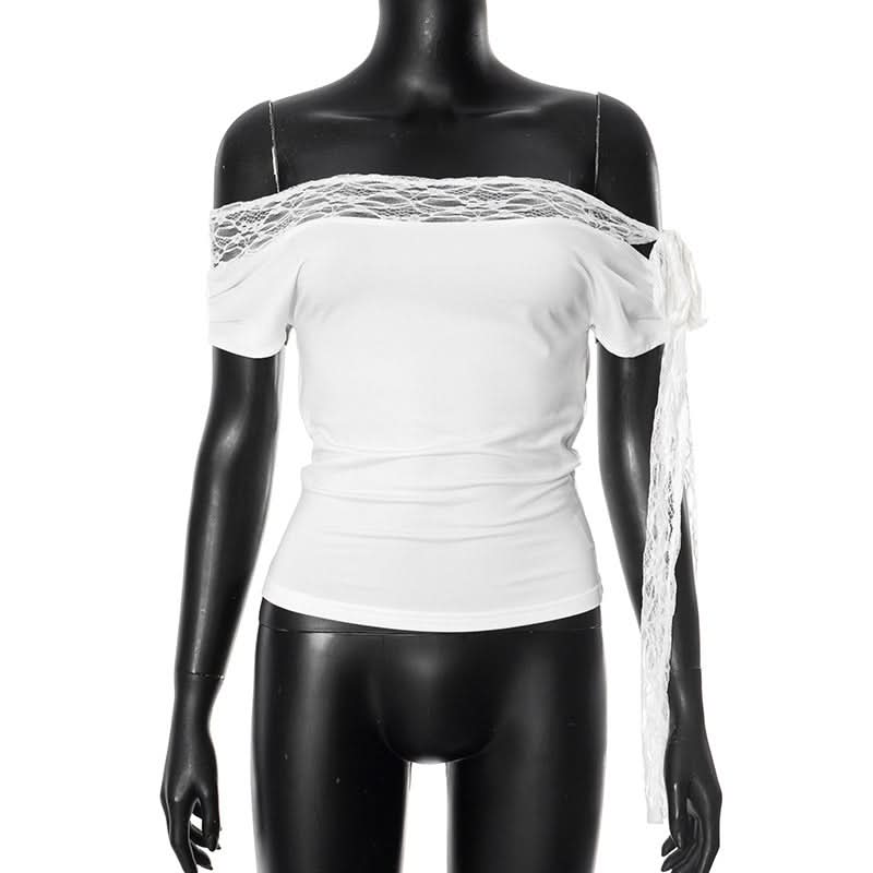 Off shoulder lace hem self tie irregular top  | Festival Outfits Women
