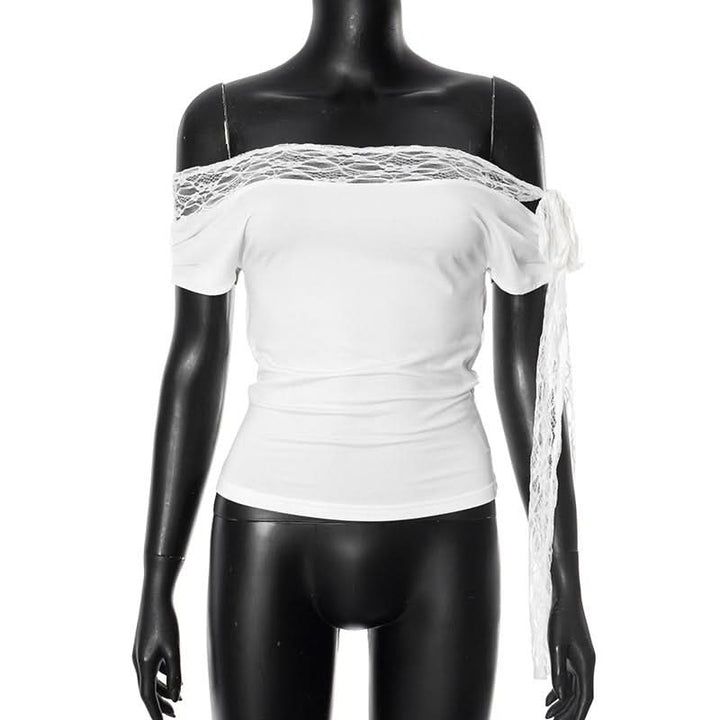 Off shoulder lace hem self tie irregular top  | Festival Outfits Women