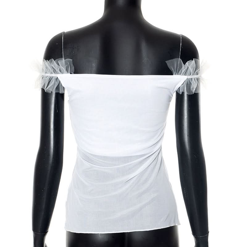 White mesh slit ruffle off shoulder top  | Festival Outfits Women