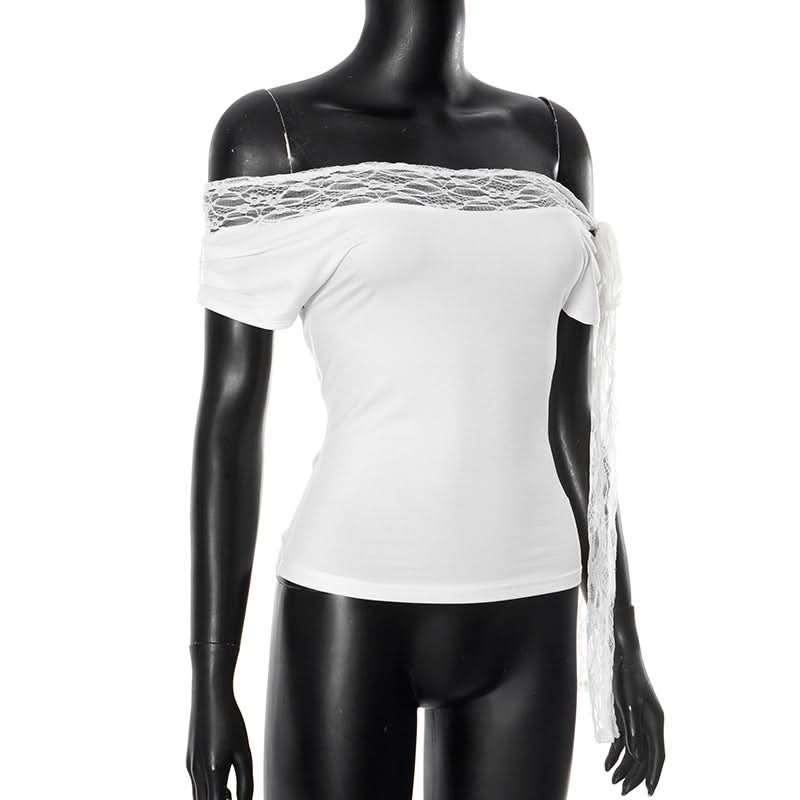 Off shoulder lace hem self tie irregular top  | Festival Outfits Women