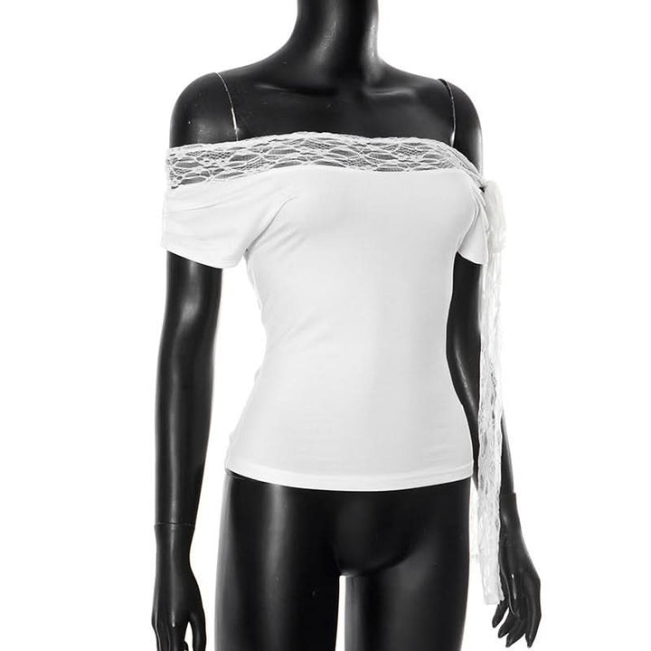 Off shoulder lace hem self tie irregular top  | Festival Outfits Women