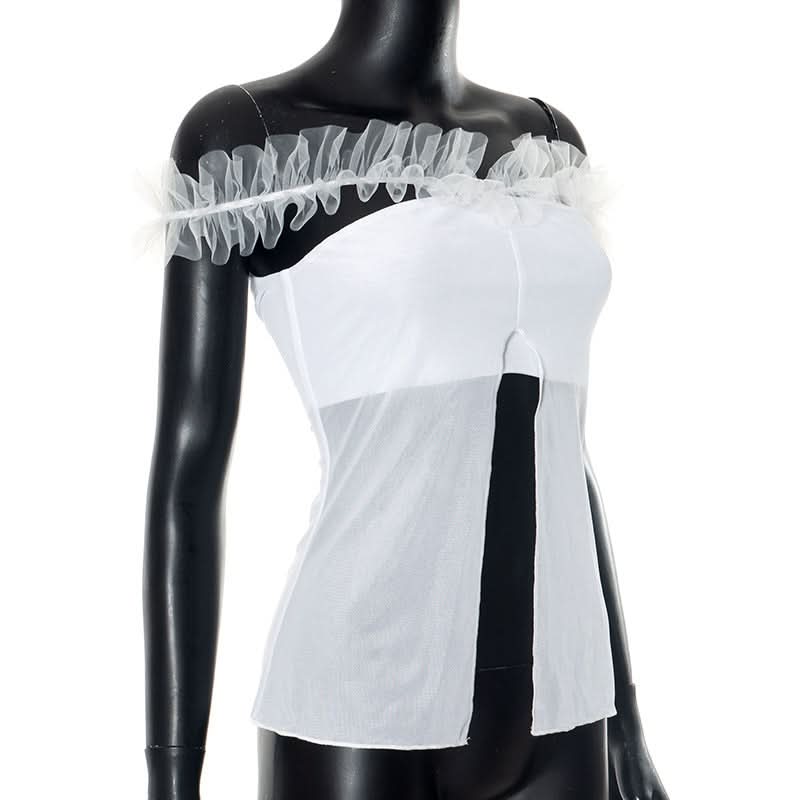 White mesh slit ruffle off shoulder top  | Festival Outfits Women