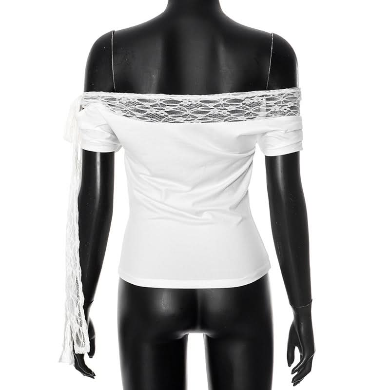 Off shoulder lace hem self tie irregular top  | Festival Outfits Women