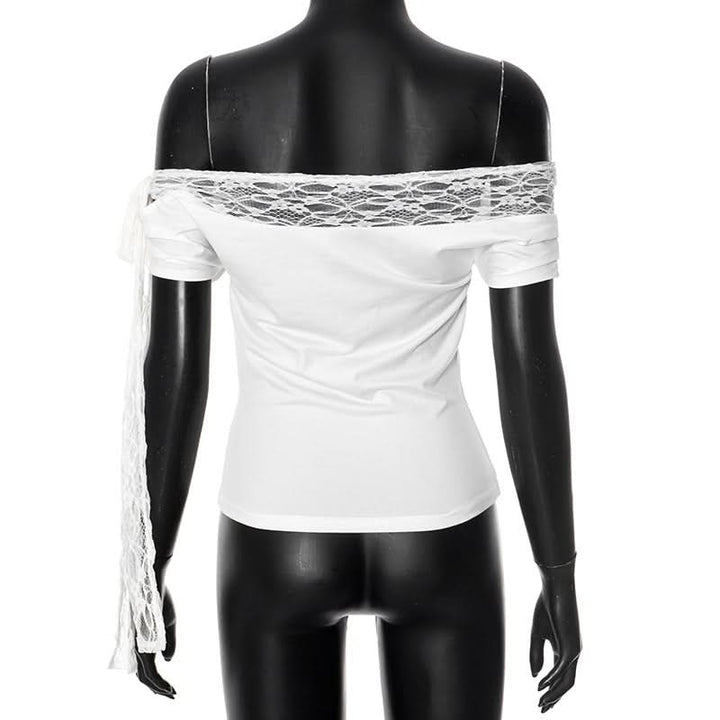 Off shoulder lace hem self tie irregular top  | Festival Outfits Women
