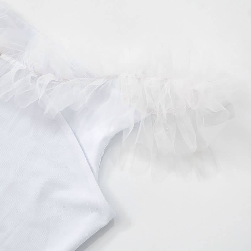 White mesh slit ruffle off shoulder top  | Festival Outfits Women